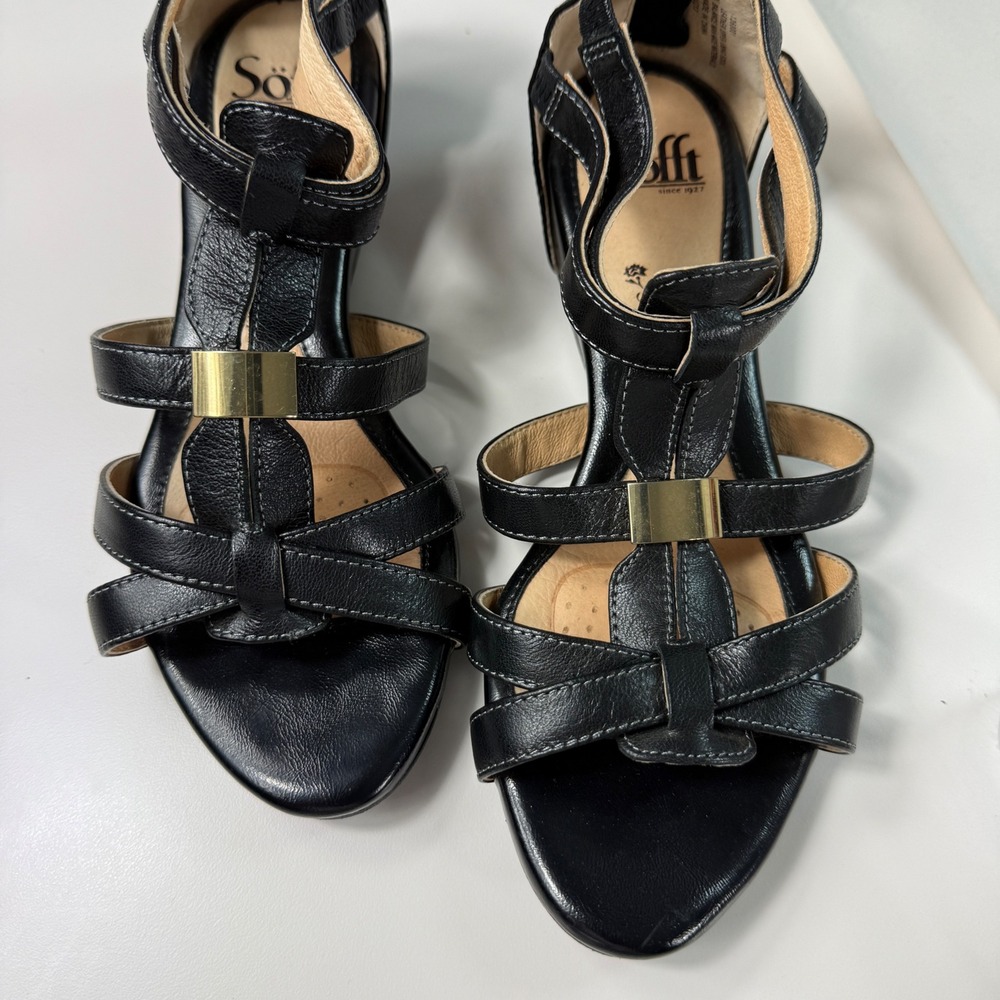 Sofft Womens Strappy Wedge Sandals Black Leather Comfort Gold Accent Size 7W - Picture 9 of 11